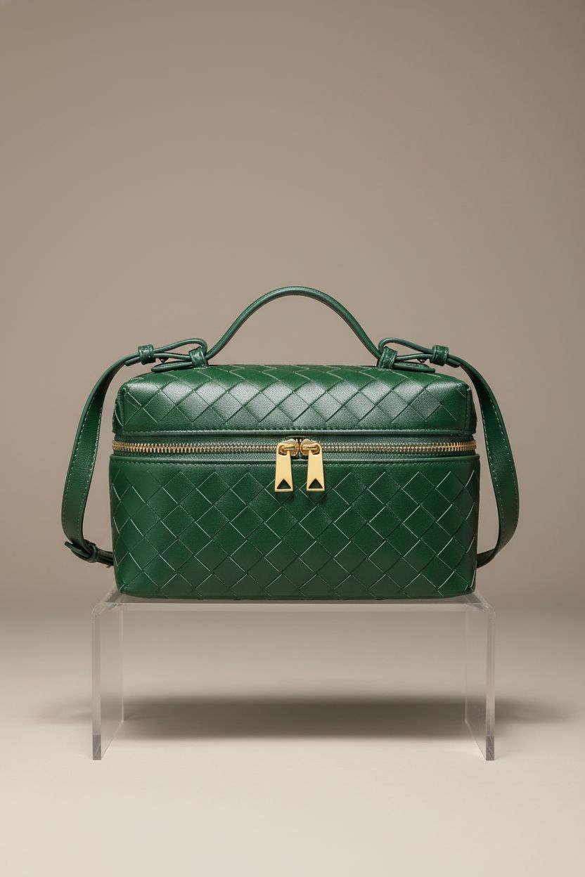 Detailed showcase of Honikoo green woven square purse on acrylic riser, highlighting its design