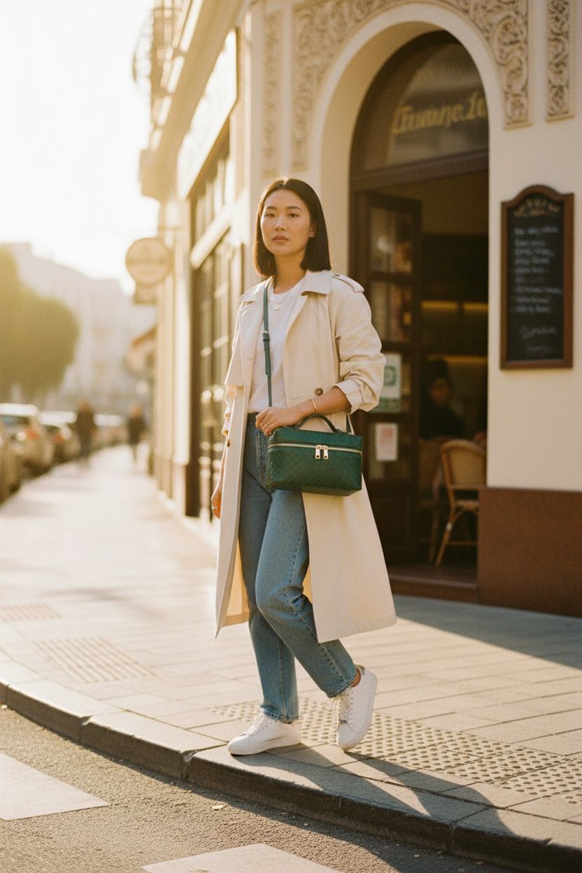 Trendy woven square purse by Honikoo, stylishly worn crossbody during a sunlit coffee run