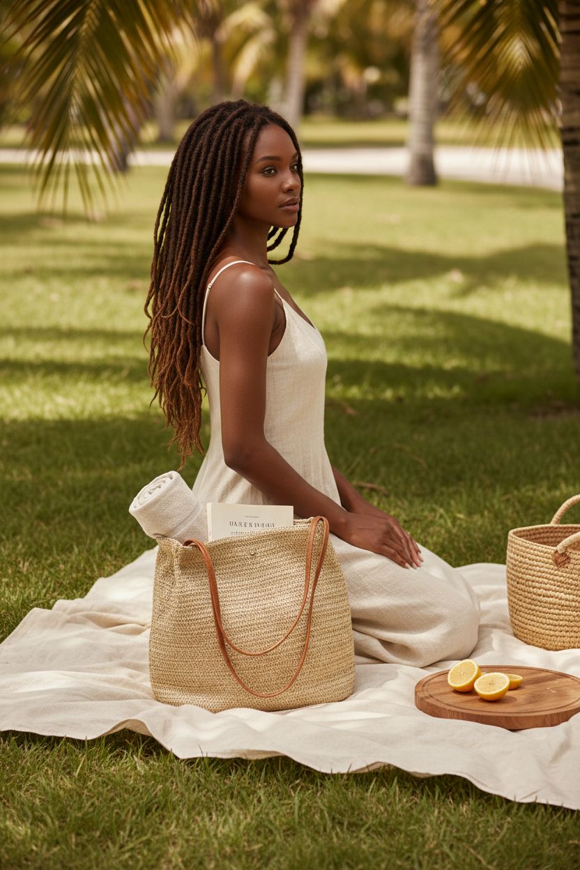 Tavaleu straw tote on picnic blanket with rolled towel and book, sunlit setting.