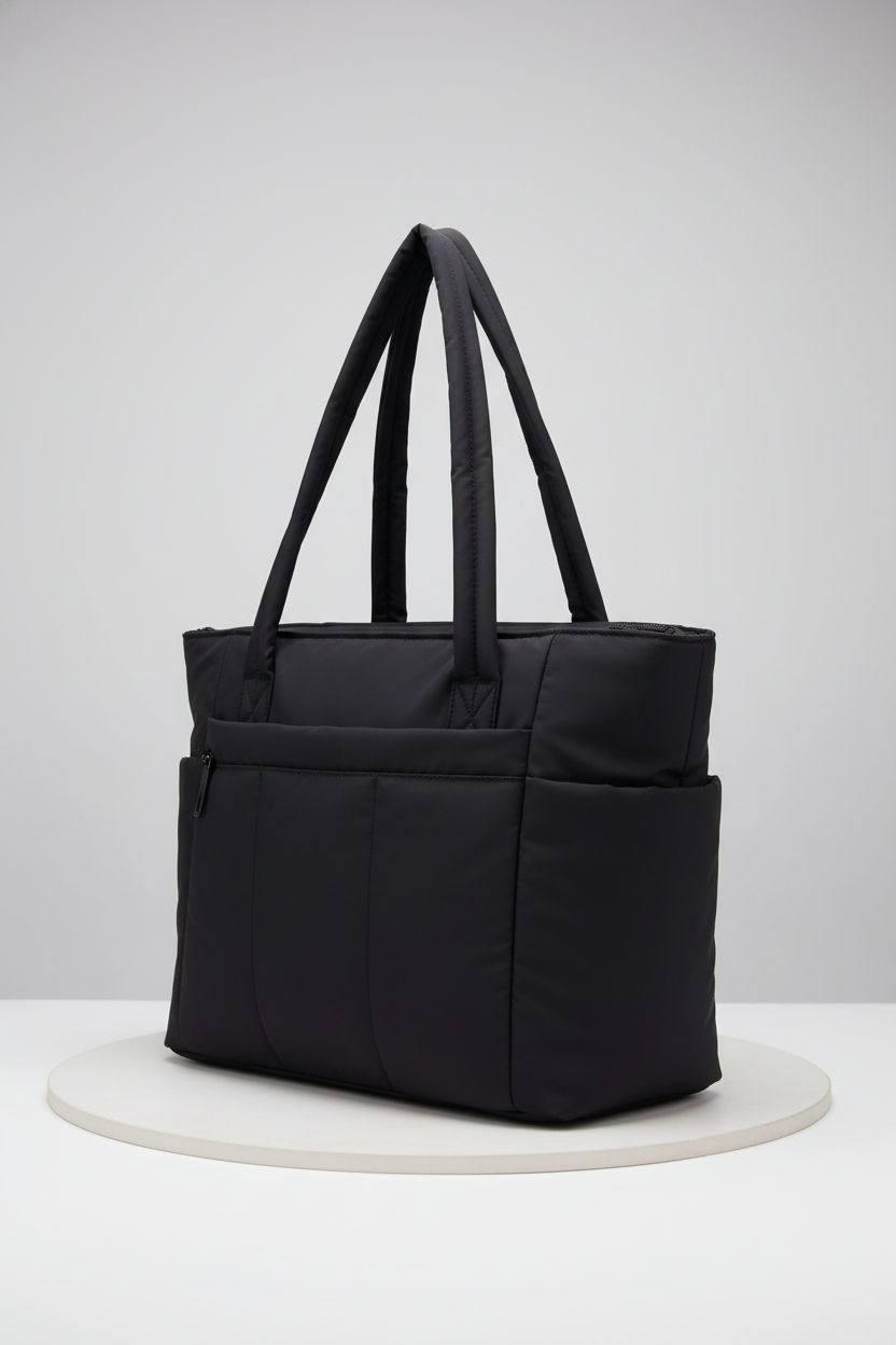 Wandering Nature Puffer Tote Bag showcasing craftsmanship with zip pocket and strap details