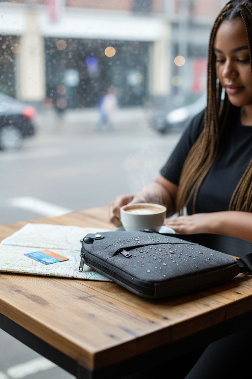 WANDER PLUS grey anti-theft crossbody bag resting by a coffee cup, cozy café setting