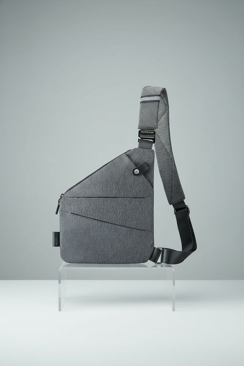 Close-up of WANDER PLUS grey anti-theft crossbody bag showcasing design and features