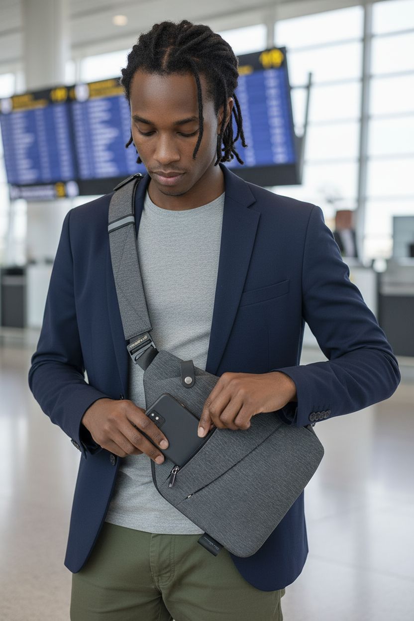 WANDER PLUS grey anti-theft crossbody bag in a travel setting, sleek and stylish design