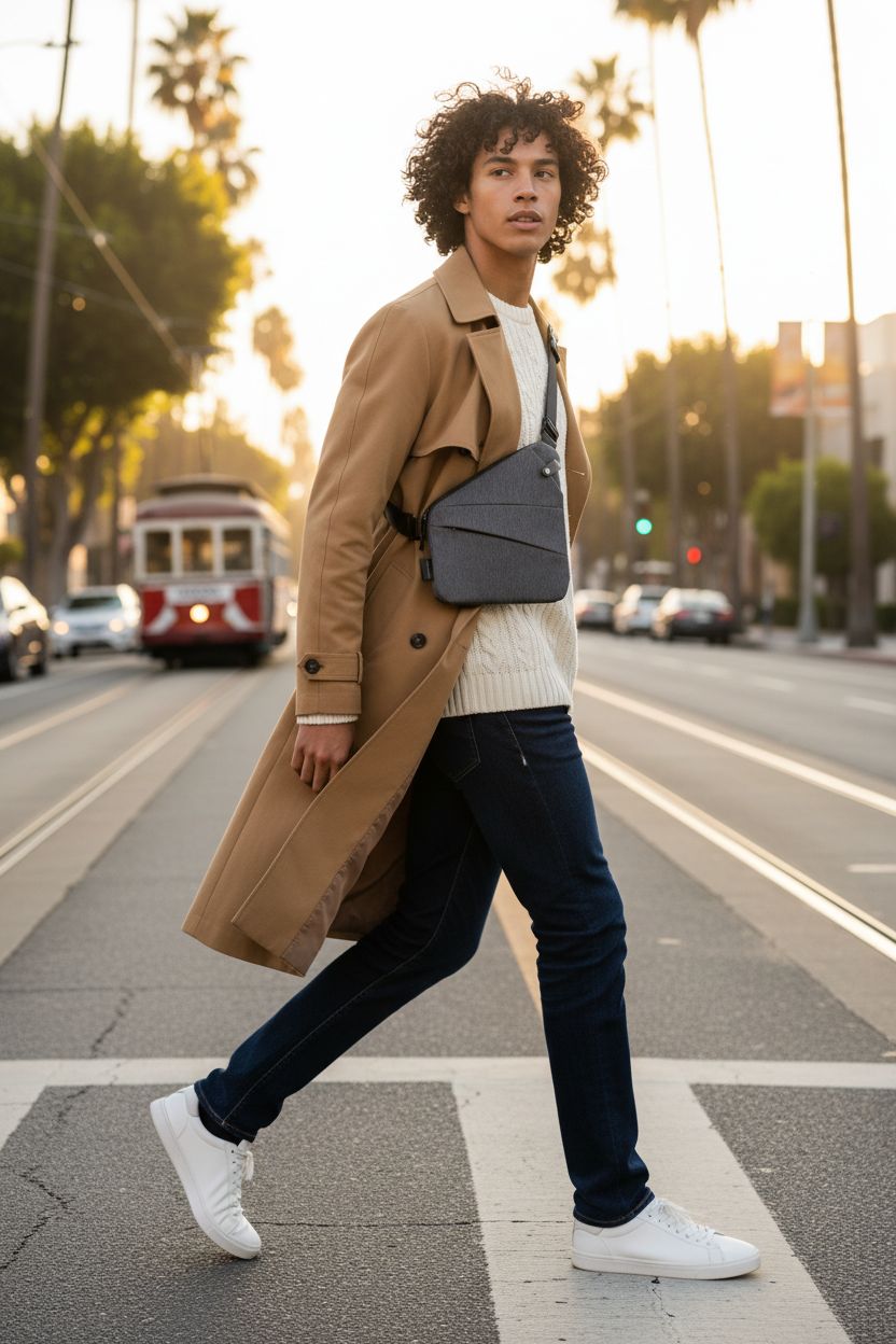 Grey WANDER PLUS anti-theft crossbody bag worn casually in a vibrant urban environment