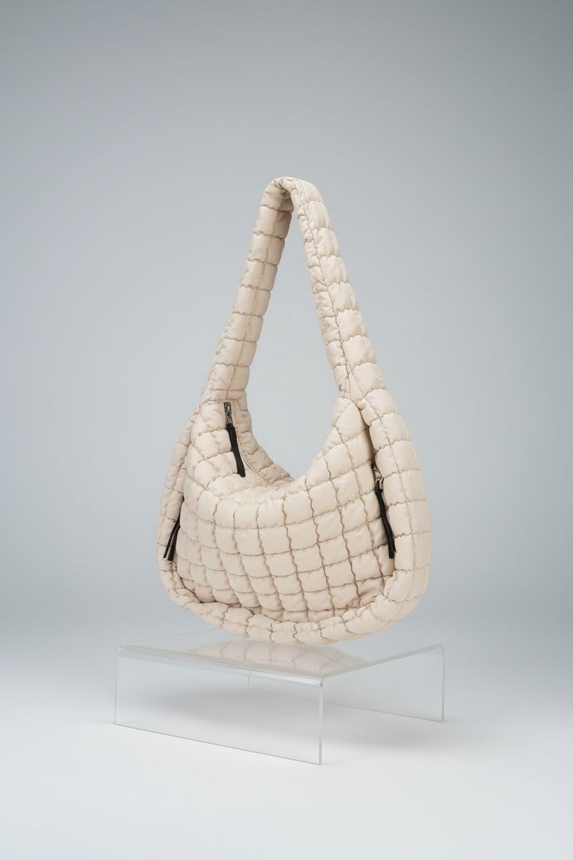 Juoxeepy large quilted tote bag highlighted on a clean editorial set, showcasing its design.