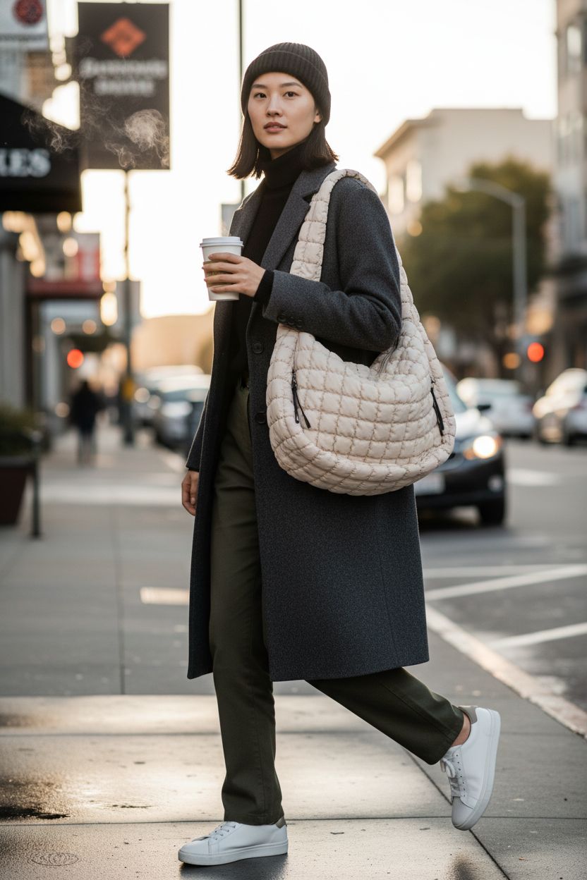 Juoxeepy light beige quilted tote bag on trendy street, perfect for coffee runs.
