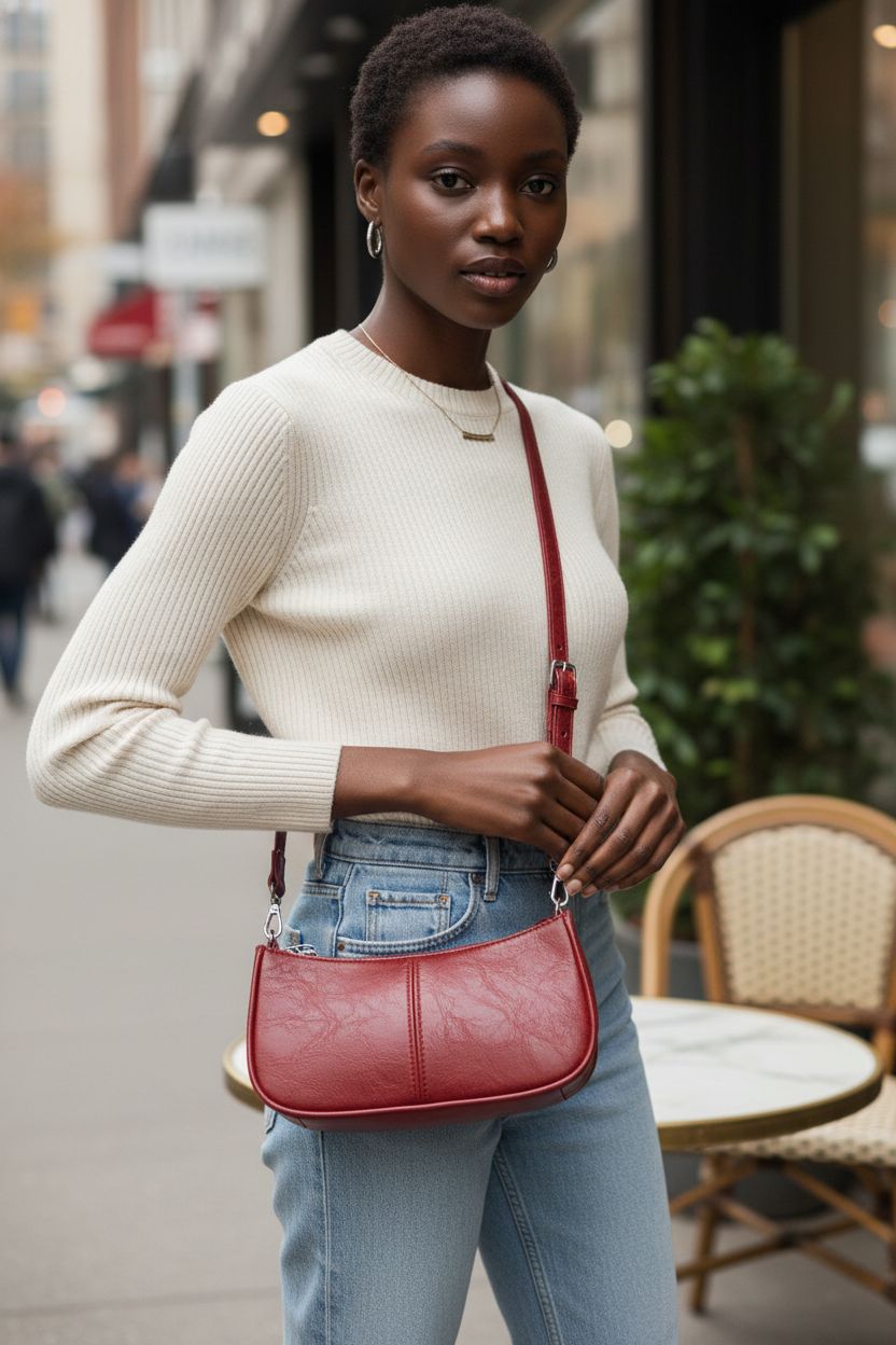 GETERUUV faux leather crossbody bag with silver studs on a café table