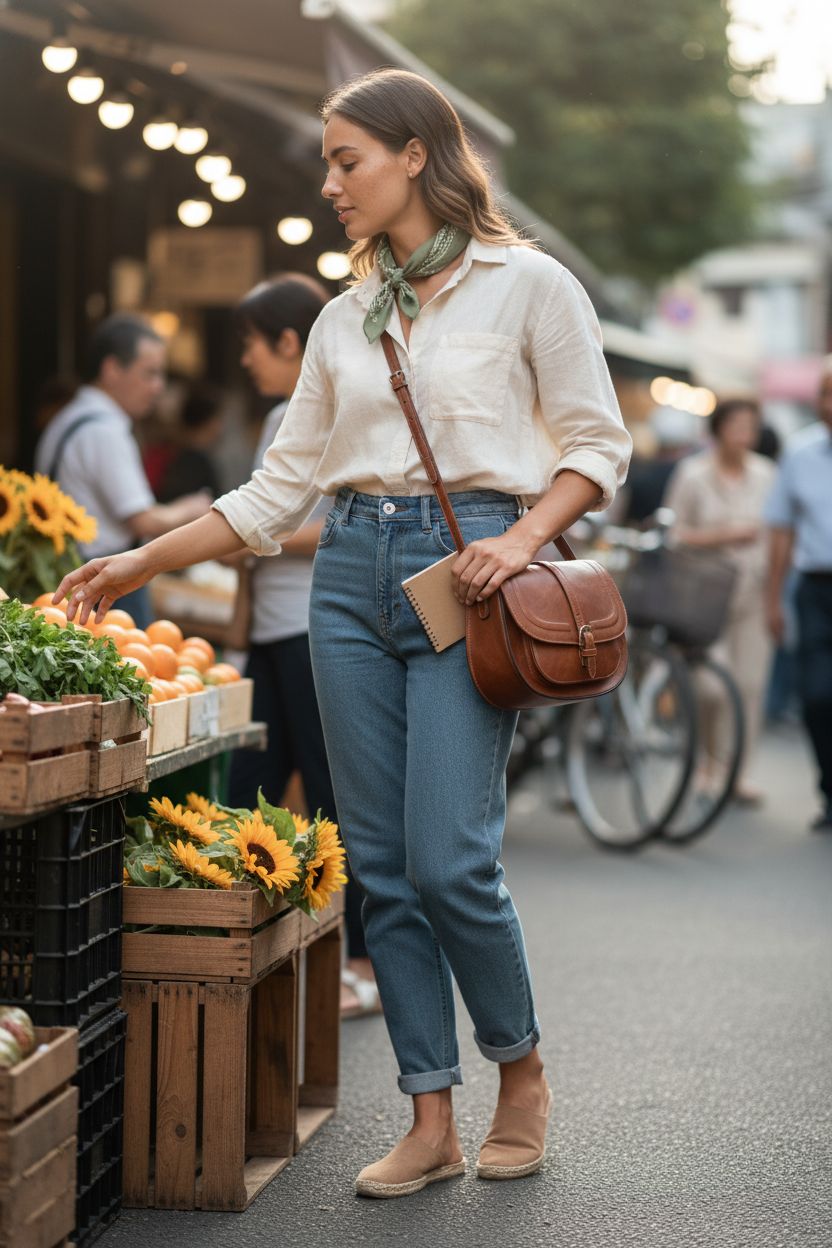 AFKOMST small saddle purse in a vibrant market, perfect for casual outings