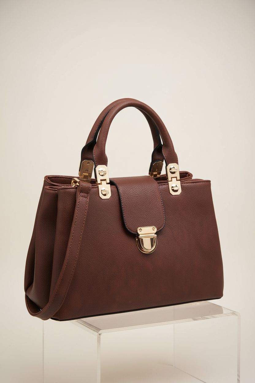 Dasein vegan leather handbag displayed on a studio set, highlighting its compartments and gold hardware