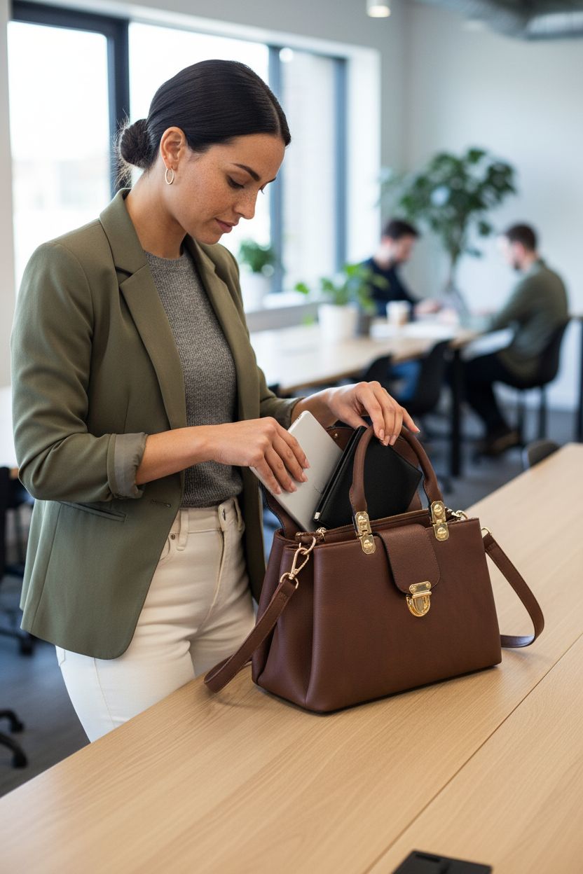 Dasein vegan leather handbag on a coworking table, showcasing tri-compartment interior for organization