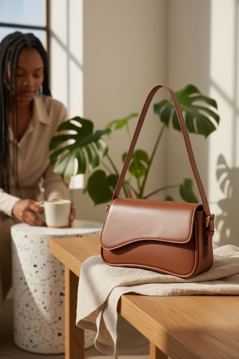 Brown vegan saddle bag resting in a sunlit cozy apartment nook.