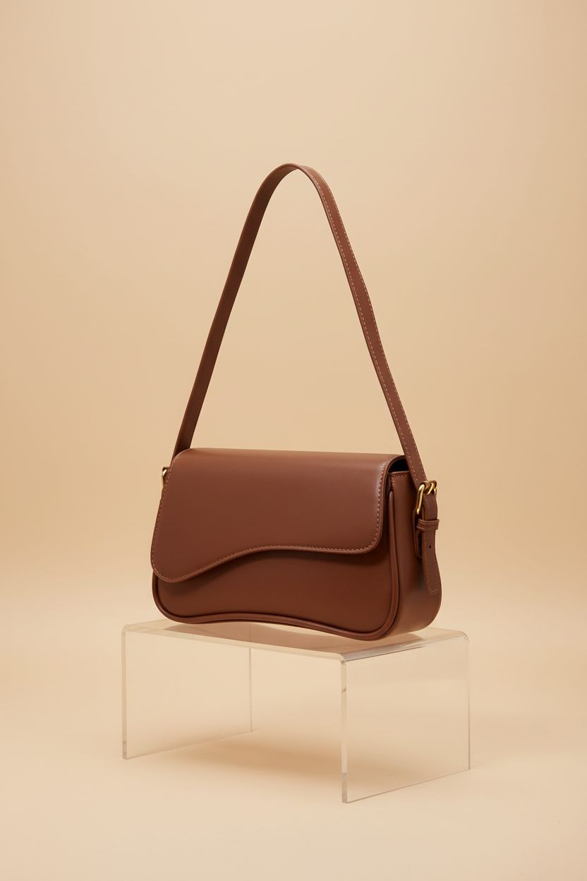 Stylish brown vegan leather shoulder bag featured on a clean studio set.