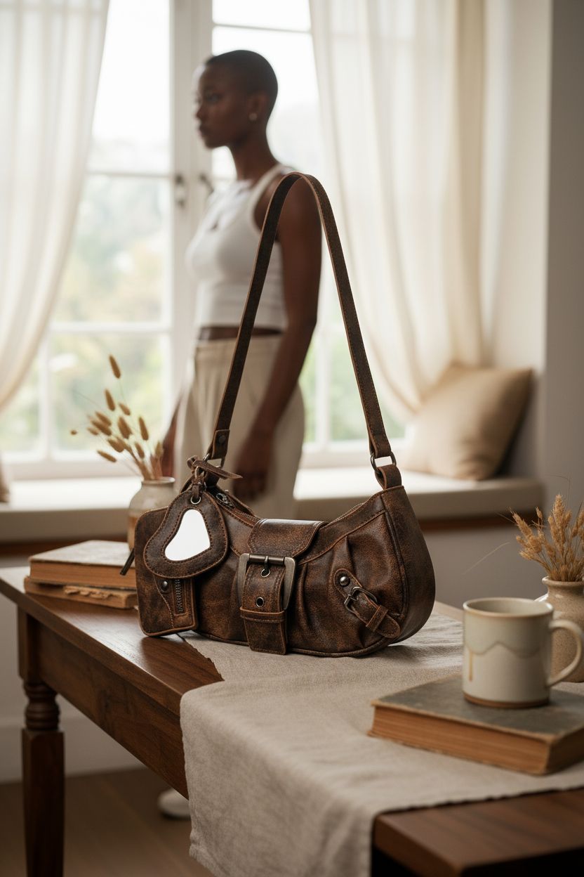 GORGLITTER vintage bag on a wooden console in a cozy reading nook, enhancing a warm atmosphere.