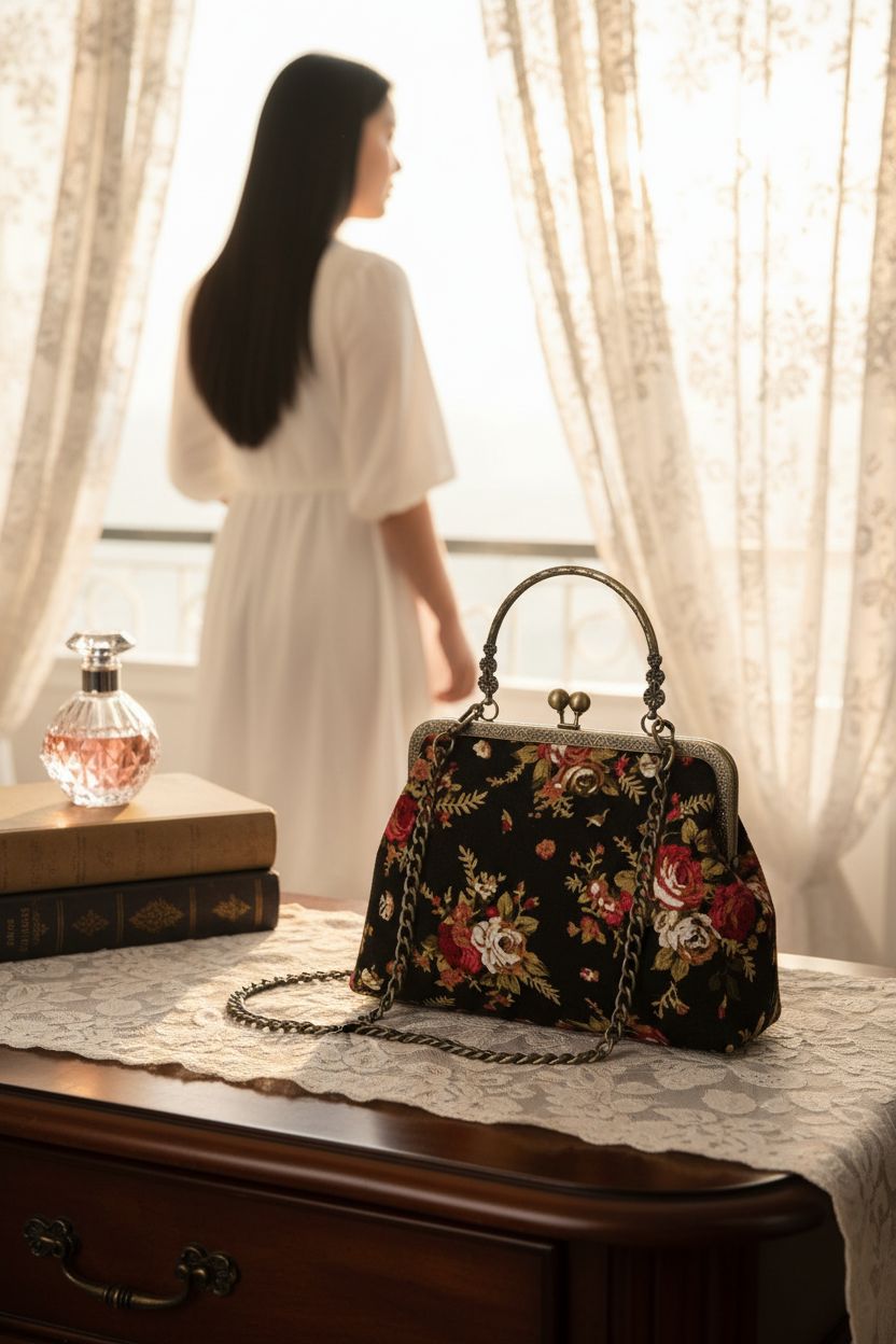 Abuyall kiss lock vintage purse with rose print, highlighting detailed craftsmanship.