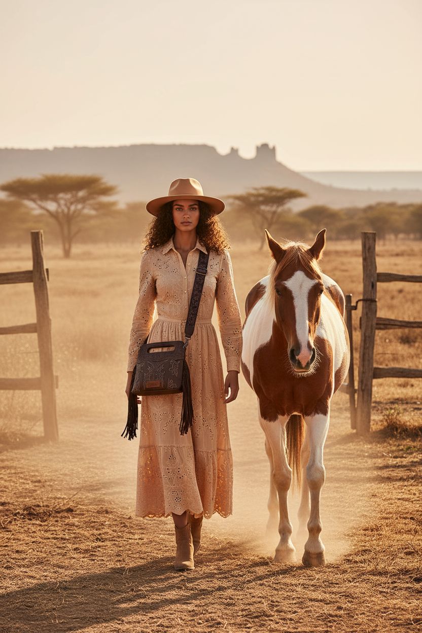 Wrangler crossbody bag with fringe sits beside a horse at sunset, showcasing western style.