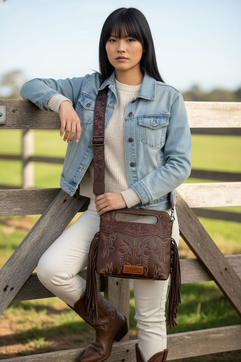 Close-up of Wrangler crossbody bag with detachable strap, perfect for ranch outings.
