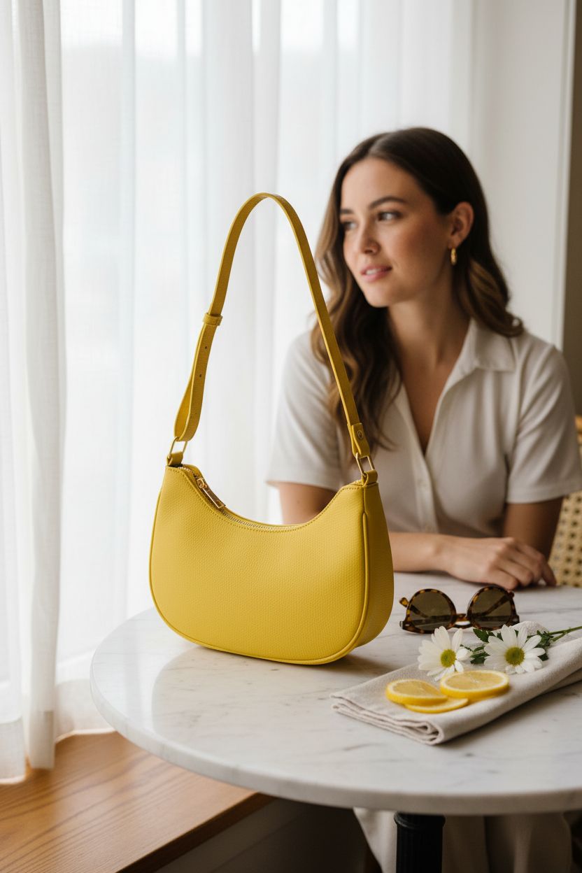 Yellow crescent purse by Generic on a marble table in a sunny café, showcasing a fresh, bright vibe.