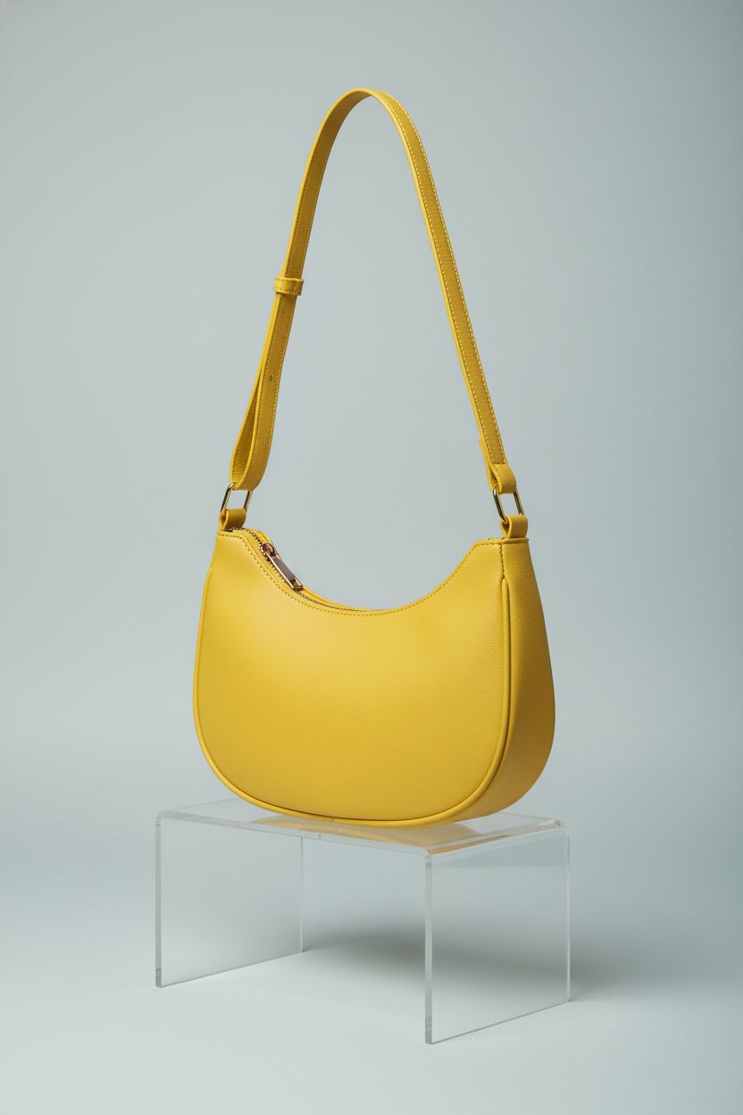 Close-up of a yellow crescent purse by Generic on a clean backdrop, highlighting its elegant design and texture.