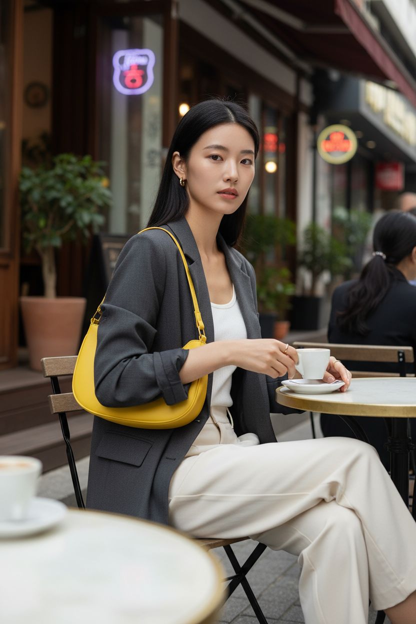 Stylish yellow crescent shoulder bag by Generic resting on a table in a café, perfect for a chic outing.