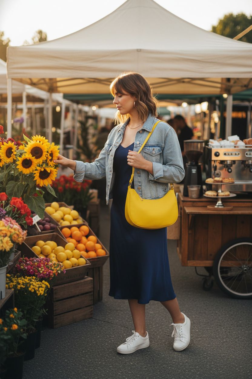 Cute yellow crescent handbag held underarm at a farmer's market, ideal for sunny day adventures - Generic.
